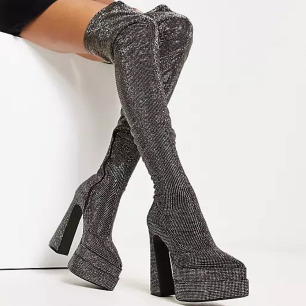 Steve Madden Silver Glitter Over-the-Knee Platform Heeled Boots